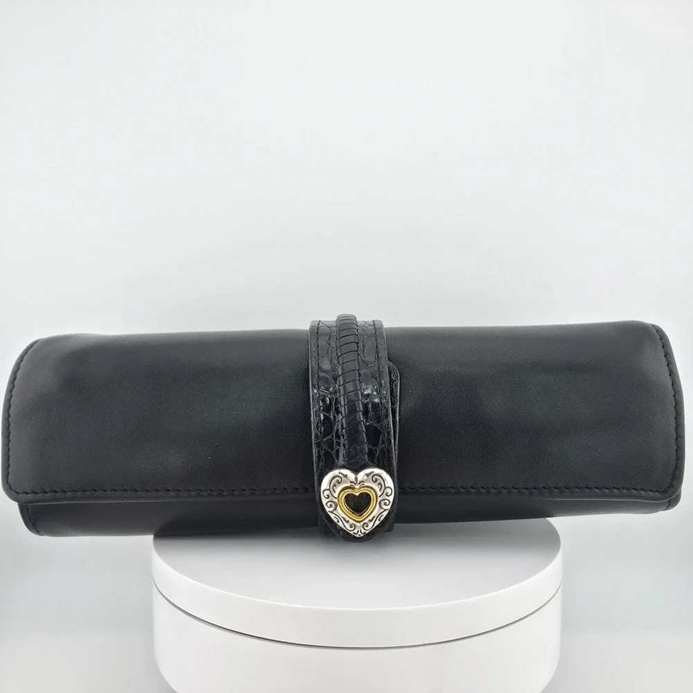 BRIGHTON Travel Jewelry Organizer Bag Roll Black Leather Heart Silver Gold Plate